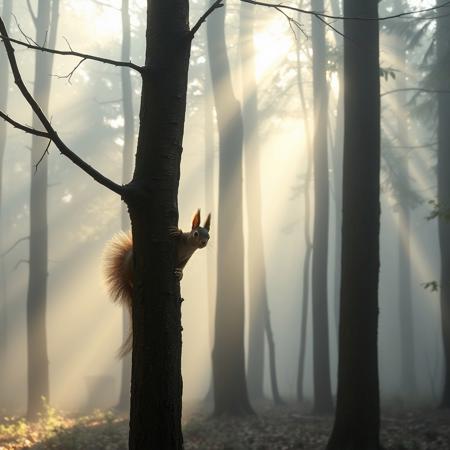 A misty forest with sunlight filtering through the trees. In the scene, a squirrel is trying to hide behind a very thin tree, making it clearly visible and creating a humorous hiding spot. The squirrel peeks out nervously from behind the tree, adding to the comedy of the situation. The mist and god rays highlight the playful and funny moment.