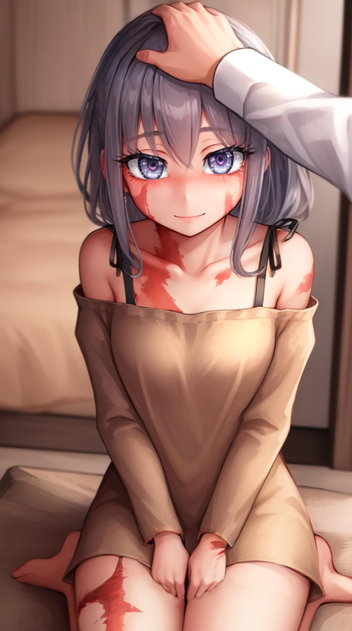 Anime girl with red eyes sitting on a bed.