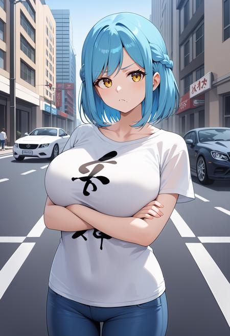 aamoira, medium hair, blue hair, braid, yellow eyes, mole under mouth, large breasts, feathered wings, white wings, collarbone, cleavage, strapless, frilled dress, white dress, elbow gloves, white gloves aamoira, medium hair, blue hair, braid, yellow eyes, mole under mouth, large breasts, collarbone, t-shirt, white shirt, short sleeves, clothes writing, denim, jeans, blue pants aamoira, short hair, blue hair, parted bangs, yellow eyes, mole under mouth, large breasts, plaid necktie, red necktie, collared shirt, white shirt, long sleeves, pleated skirt, black skirt, black thighhighs