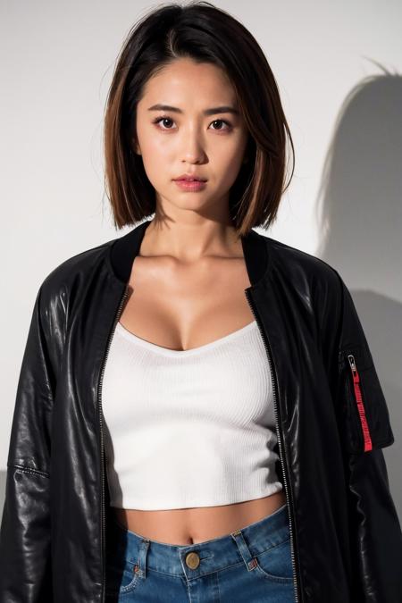 cropped jacket, abs, midriff, frown, short hair, black hair, masterpiece, (detailed lighting, extremely detailed skin, extremely detailed hair, shadows, 8k), looking at viewer, (High Key Lighting), masterpiece, top quality, best quality, official art, unity 8k wallpaper, highres, ultra-high res, ultra-detailed, beautiful and aesthetic, <lora:fandaoai:0.6>