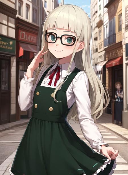 1girl,masterclass,best quality, ultra-detailed, illustration,outdoors, smile,small breasts,cowboy shot, city, pinafore dress, green dress, white shirt,frilled sleeves, red ribbon, neck ribbon, glasses, black-framed eyewear,     <lora:ToudouYurikaV3:0.8>