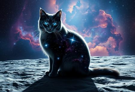 Create an image of a majestic, cosmic cat sitting on the lunar surface. The cat’s fur should shimmer with deep blues and purples, resembling the night sky, with stars subtly twinkling throughout its coat. Its eyes are vast galaxies, swirling with bright nebulae, stars, and cosmic dust. The lunar surface beneath the cat is detailed with craters and rocky textures, reflecting the light of a distant star. In the background, the cosmos is vibrant and alive, with colorful nebulae, distant galaxies, and clusters of stars filling the sky, creating a sense of infinite depth and wonder. The overall scene should feel otherworldly, mystical, and awe-inspiring.