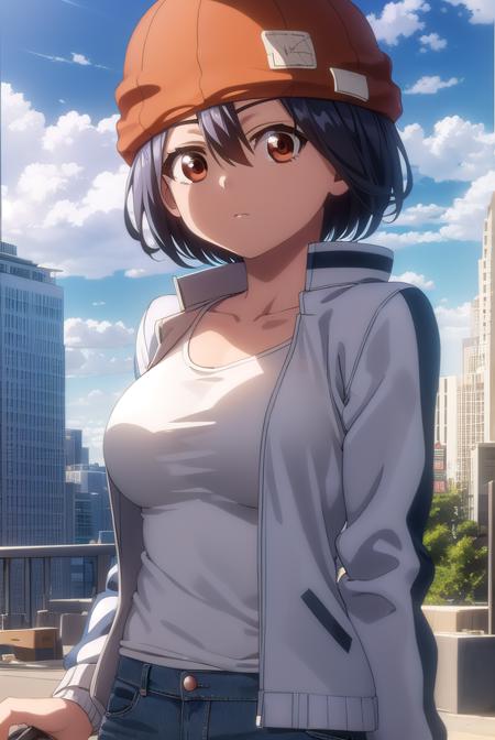 fuukoizumo, <lyco:fuuko izumo s1-lyco-nochekaiser:1>,
fuuko izumo, black hair, hair between eyes, (brown eyes:1.5), short hair,
BREAK shirt, white shirt, jacket, open jacket, pants, denim, beanie, (red beanie:1.2),
BREAK outdoors, city, sky, clouds, sun,
BREAK looking at viewer, (cowboy shot:1.5),
BREAK <lyco:GoodHands-beta2:1>, (masterpiece:1.2), best quality, high resolution, unity 8k wallpaper, (illustration:0.8), (beautiful detailed eyes:1.6), extremely detailed face, perfect lighting, extremely detailed CG, (perfect hands, perfect anatomy),