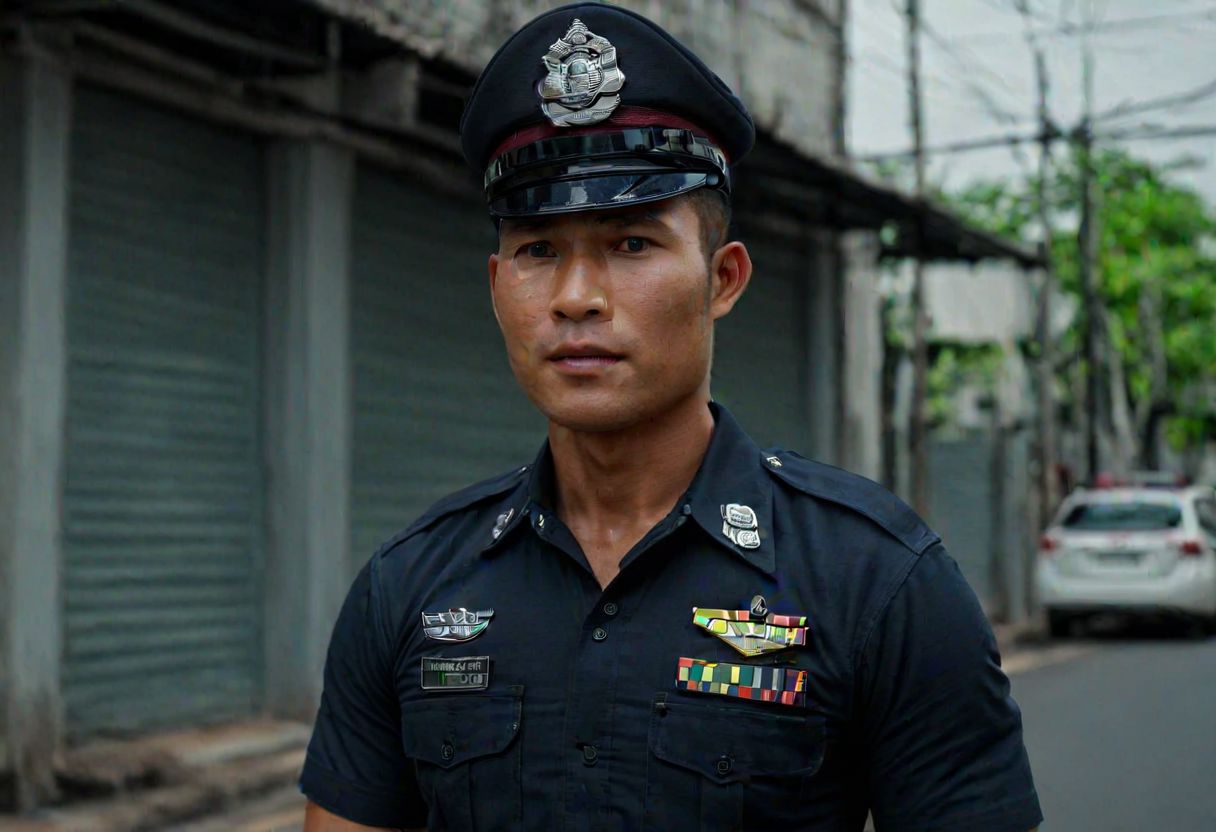 upper body, cinematic still of 30 year old handsome muscular Thai man in police uniform and hat, standing in Bangkok streets, highly detailed, intricate details, shallow field of depth, cinematic lighting
