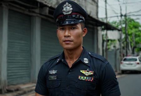 upper body, cinematic still of 30 year old handsome muscular Thai man in police uniform and hat, standing in Bangkok streets, highly detailed, intricate details, shallow field of depth, cinematic lighting