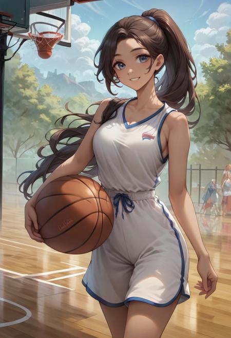 score_9, score_8_up, score_7_up, 1girl, long hair, ponytail, basketball, holding basketball, sleeveless jersey, outdoor, basketball court, greenery, fence, looking at viewer, smile, sporty, casual, white jersey, gentle smile, natural light