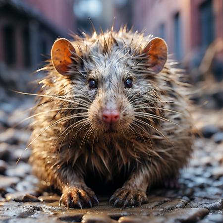 highly detailed documentary photo of giant rat:1.3,

depth of field, claws,  looking at viewer, blurry, blurry background, portrait, animal focus, whiskers, realistic

masterpiece, best quality:1.1, 

ultra photoreal, photorealistic:1.0, sharp focus:1.1, 
depth of field:1.1, 

50mm, style of Nathan Wirth, Hasselblad X1D II, Porta 160,
