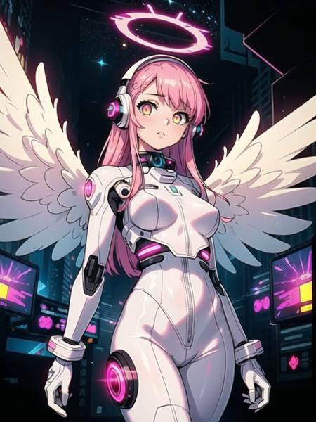 ((masterpiece, best quality, extremely detailed), volumetric lighting, ambient occlusion, colorful, glowing), 
1girl, solo, young girl, (pink hair), long hair, halo, aura, sacred, godness, cyber suit, (white outfit:1.3), android, bot, angel wings,
outdoors, sunset, sky, clouds, space, (cyberpunk theme:1.2),
<lora:Add Detail:0.6>, <lora:Beautiful Detailed Eyes:0.6>,