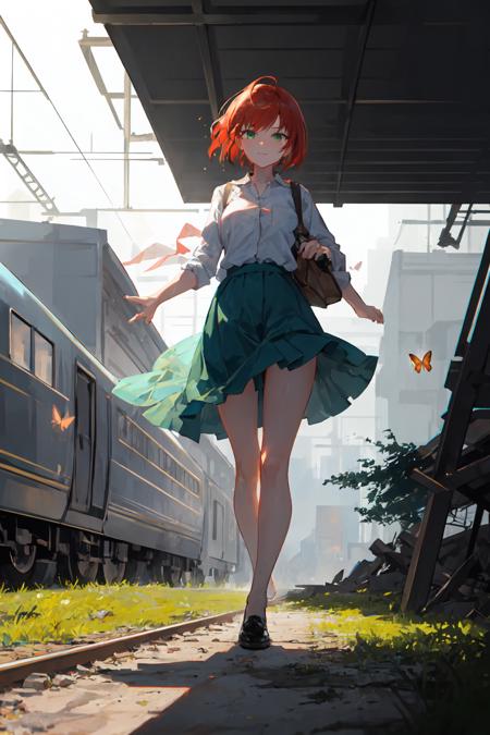 (finely detailed, distinct image, ultra resolution, extremely amazing detailed, awesome detailed), subsurface scattering, best ratio four finger and one thumb, masterpiece, best quility, high_quality, 1girl, solo, close-up, red hair, short hair, green eyes, light_smile, full_body, wind_lift, glow, glitter, air bubble, glowing white particles, detailed background, train station, post-apocalypse, new world, forest, Broken buildings, moss, butterfly