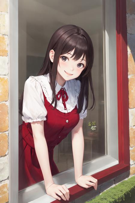 masterpiece, best quality, highres, 1girl from outside window <lora:from_outside_window:1.4> smile, leaning forward, arm support