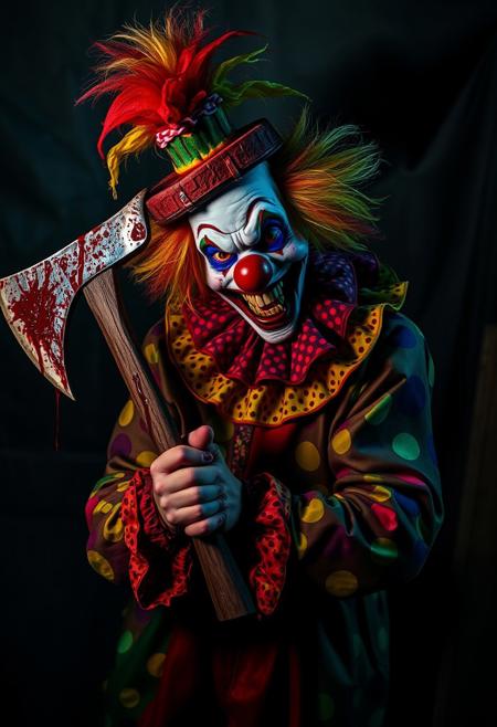 A creepy, colorful clown with wild, vibrant attire, including a polka-dotted outfit and a grotesque, exaggerated smile, holding a blood-soaked axe. The setting is dimly lit with shadows looming in the background, creating a foreboding and eerie atmosphere.