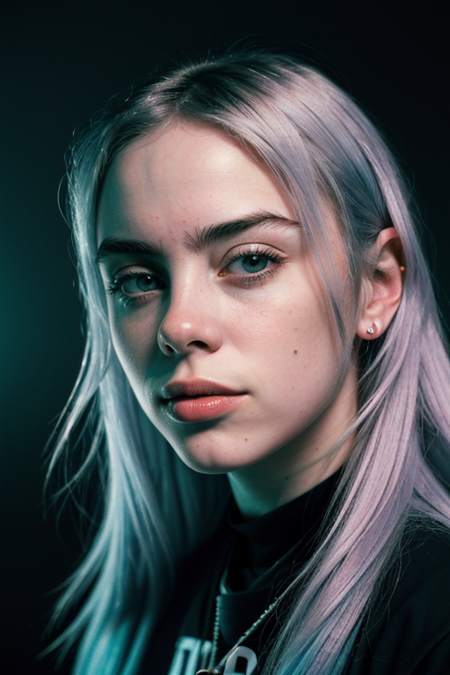 BillieEilish, portrait, photography by (Jeanloup Sieff:1.3), modelshoot, pose, (closeup on upper body), (night, dark, dark photo, grainy, dimly lit), editorial photograph, film grain, depth of field, analog film style, vivid color, ((laptop OLED screen glow on face)), looking at viewer, ((chiaroscuro, vibrant color palette, emotional impact, vivid, strong contrasts, stylized lighting, movie screenshot, neon, colored gels, dramatic shadows, gritty, movie still, state fair, fog)), ultrarealistic, noise