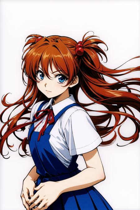 1girl, souryuu asuka langley, solo, long hair, school uniform, blue eyes, white background, ribbon, shirt, simple background, own hands together, orange hair, short sleeves, skirt, red ribbon, neck ribbon, white shirt, bangs, hair between eyes, looking at viewer, tokyo-3 middle school uniform, closed mouth, two side up, hair ornament, suspender skirt, suspenders, traditional media, cowboy shot, blue skirt,<lora:Atsuko Nakajima:0.8>