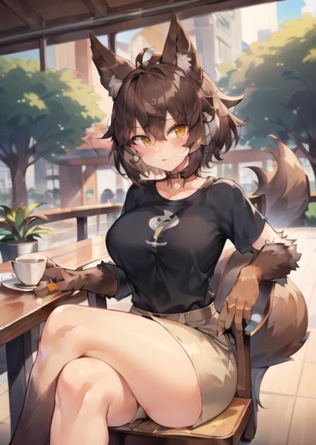 1girl, werewolf, masterpiece, short hair, brown hair, brown fur, body fur, upper body, looking at viewer, crossed_legs, plants, daytime, korean streetwear, cafe, sitting at a table, casual style, black shirt, beige skirt, casual wear, people in background, highly-detailed, dynamic pose <lora:Werewolf_V6:0.7>