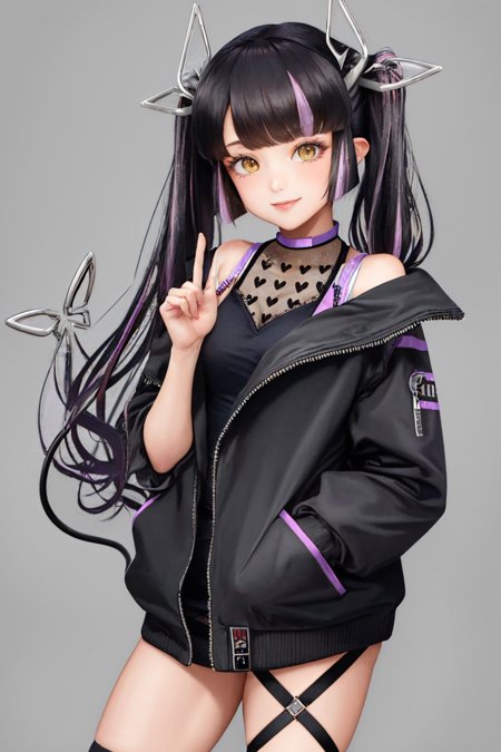 kojodef, twintails, open clothes, black jacket, off shoulder, sleeveless shirt, see-through shirt, heart print, leg ribbon, jewelry, ring, demon tail kojoalt, jacket, shrug \(clothing\), clothing cutout, shoulder cutout, long sleeves, tube top, strapless, black skirt, thigh strap, purple belt, demon tail, midriff kojosweater, twintails, grey sweater, virgin killer sweater, cable knit, leg ribbon, demon tail