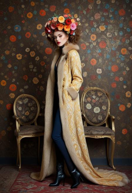 Full-body shot, fashion photography of V Jugan. Artistic portrait of a young woman in a long coat with a fur collar and boots, in the style of Gustav Klimt. The woman has full lips, a wavy updo hairstyle, and the fabric features colorful floral patterns. The background has a vintage-style with vases and flowers, soft lighting, an elegant pose, warm tones, rich textures, and high resolution.