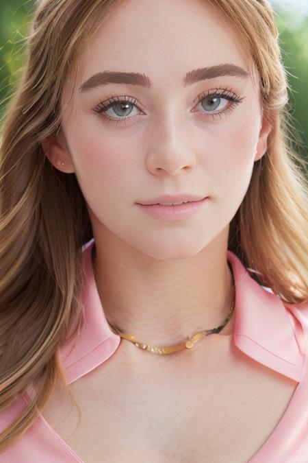 a beautiful young woman on the golf course, perfect day, pink polo shirt, (close up, head shot), [smiling], candid, amateur, (raw, 8k, uhd, fujifilm xt3), sharp focus, highly detailed face, <lora:graceCharis:1>