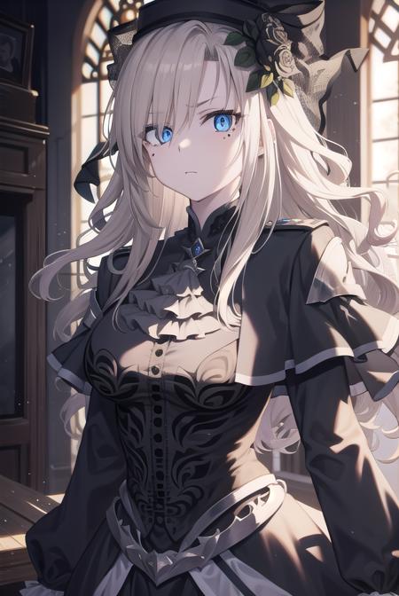 kriemhild, blue eyes, long hair, mole, mole under eye, pale skin, white hair, wavy hair, ascot, black capelet, black dress, black flower, black gloves, black headwear, black rose, capelet, dress, flower, gloves, hat, long sleeves, rose, veil,