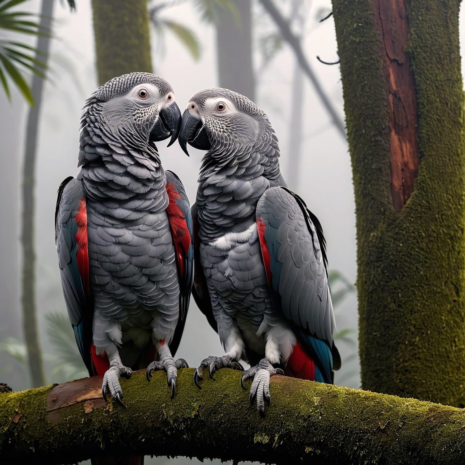 Two Parrots Perched on a Tree Branch