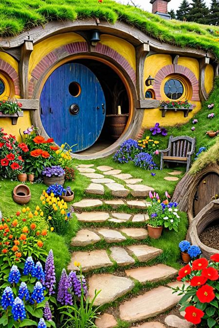 Hobbit Hole, flower, tree,