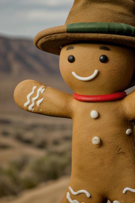 Gingerbread_Man, Wearing a cowboyhat, riding a horse, from below, cactus in the desert, cinematic, (masterpiece, best quality:1.4), ultra-high res, 4k, Photorealistic, dramatic light, insanely detailed, sfw,