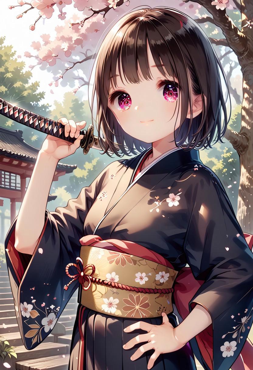 score_9, score_8_up, score_7_up, 1girl, YukiuCP, masterpiece, best quality, ultra high res, smiling, happy, (detailed eyes:1.2), 1girl, solo, japanese clothes, short hair, weapon, sword, brown eyes, looking at viewer, kimono, brown hair, lips, hand on hip, sheath, smile, katana, black hair, upper body, closed mouth, sheathed, hand up  <lora:nobu-1:1>