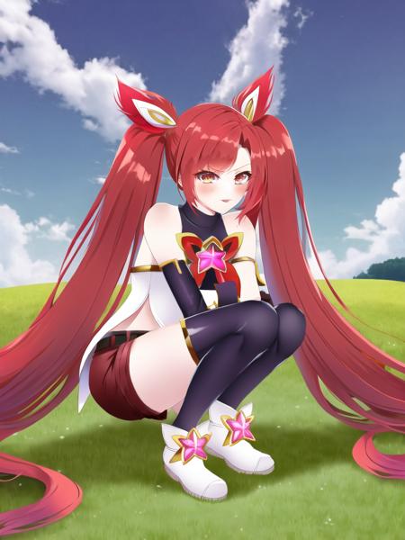 grass, sky, field, star guardian jinx, jinx \(league of legends\), star guardian \(league of legends\), league of legends, red neckwear, highres, 1girl, alternate costume, alternate hair color, alternate hairstyle, bare shoulders, belt, black gloves, black thighhighs, bow, elbow gloves, fingerless gloves, gloves, hair ornament, lipstick, long hair, magical girl, makeup, red bow, red eyes, red hair, red lips, short shorts, shorts, solo, thighhighs, twintails, very long hair, <lora:star_guardian_jinx-000027:1>