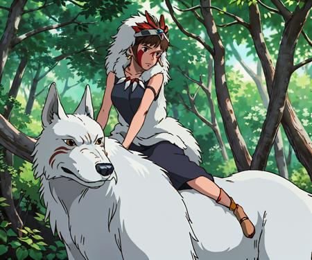 1girl, short hair, brown hair, brown eyes, jewelry, weapon, earrings, necklace, bare arms, mask, animal, facial mark, nature, forest, spear, riding, facepaint, fur, wolf, tooth necklace
<lora:ghibli_anime_v1:0.7>