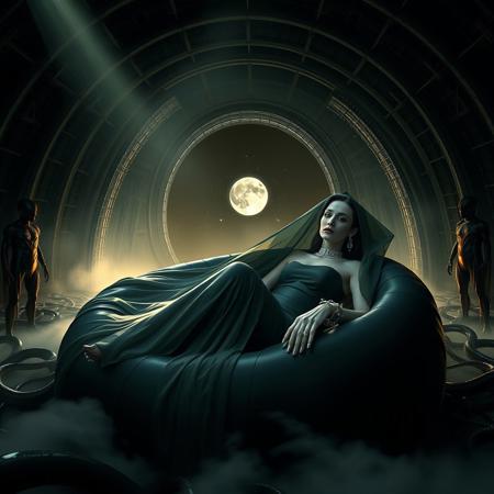 Elegant, refined woman encased in a sleek transparent slime zentai gown, enveloped in a thick, translucent slime hooded cloak, adorning glimmering silver high heels, an elegant silver collar, and handcuffs, diamond earrings, laying in a  hole inside sumptuous, giant glossy black slime-filled wet-look round  pillow, filled with a glossy, transparent slime, seems to stretch into the abyss, surrounded by a tangle of tentacles,  eerie fog,  surrounded by evil tall black luxurious wedding gown  fermale mannequins.  A beam of dim, cinematic light casts an eerie glow, illuminating the dark, otherworldly alien hangar. In the background, colossal, ancient dimension portal yawns open, revealing a star-studded expanse, with a glowing moon suspended in the darkness. Inspired by the cinematic masterpieces of Ridley Scott, H.R. Giger, and Zdzisław Beksiński, this horror film still is shot on a virtual RED Raptor XL,