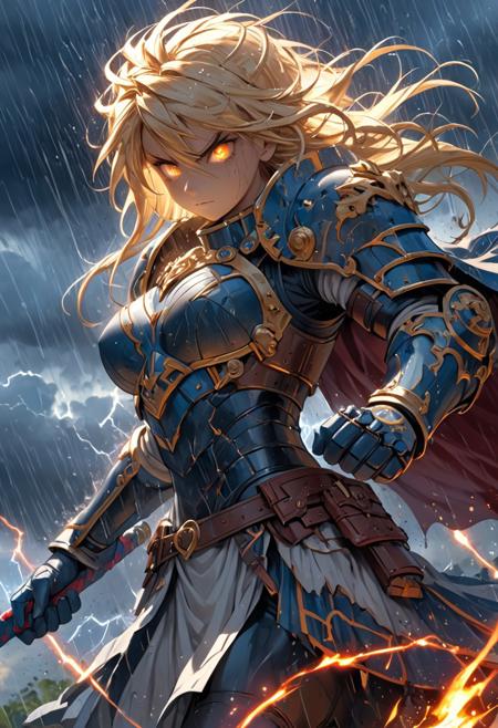 (2D, masterpiece, top quality, amazing quality, very aesthetic, high resolution, looking at the viewer, super detailed,solo, source_anime, rainstorm, storm, thunderclap), blonde girl, one breast exposed, armor, shoulder armor, blet, gloves, cape, helmet, Dual wielding, holding sword, glowing sword,burning eyes, trail of attack, attack, swinging weapon,<laura:Lohir_the heart:1>