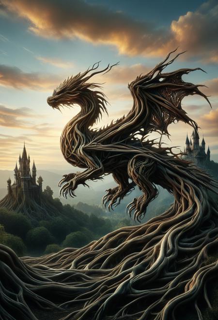 An undead dragon soars through a boundless sky, its powerful wings trailing roots that ripple in the wind, creating a breathtaking contrast against the fluffy, golden clouds. The roots catch the fading light of a setting sun, casting a warm, radiant hue over the dragon’s majestic flight, evoking a sense of freedom and mythical grace. beneath is a dark fantasy castle, view from above.
Morph-treeroots.