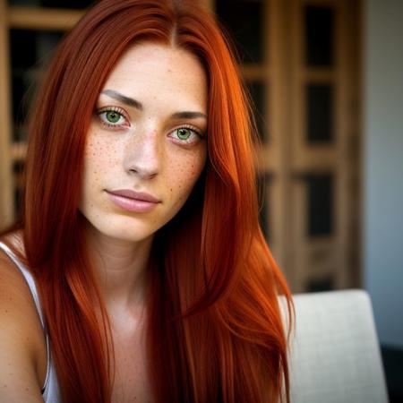 women , age 18 in a pose,  , eyes naturel brown , very beautiful ,  tits percing and slim body naturel ,long red rush hair,freckle naturel
