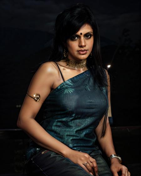 a photo of a 30-year-old woman, mdra, professional portrait photo,high neck kurta_with_Jeans, solo, night time, city bokeh lights   <lora:mdra_Mandira_Bedi_SD15_LoRA_prodigy_local_regs:1>