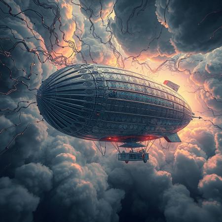 masterpiece, ultra-detailed, dutch angle view of a trippy zeppelin drifting through tangled circuits and misty clouds, metalic-scale patterns glowing under electric stormlight, silver colors