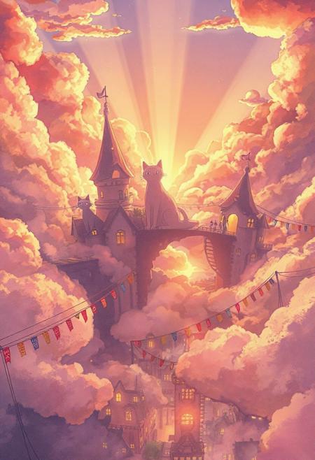 Vertical 9:16 cinematic anime scene, dreamy cityscape at golden hour, soft pastel sky filled with giant fluffy clouds, warm sunlight bursting through the cloud gaps, glowing beams illuminating a hidden floating cat kingdom above the clouds, whimsical buildings shaped like cat towers, cute feline citizens strolling on bridges in the sky, richly detailed city below with small glowing windows, soft watercolor anime shading, ultra-high 4K resolution, inspired by 'The Cat Returns', gentle wind moving clouds and banners, magical and emotional atmosphere