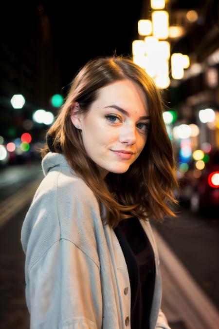 RAW photo, a portrait photo of 25 year old sks woman <lyco:emmaStone_v10:1.4> in casual clothes, night, city street, (high detailed skin:1.2), 8k uhd, dslr, soft lighting, high quality, film grain, Fujifilm XT3