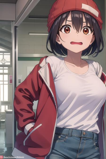 fuukoizumo, <lora:fuukoizumo-lora-nochekaiser:0.8>,
fuuko izumo, black hair, hair between eyes, (brown eyes:1.5), short hair, <lora:wavymouth_type3_v100:1>, open mouth,
BREAK shirt, white shirt, jacket, open jacket, pants, denim, beanie, red beanie,
BREAK looking at viewer,
BREAK indoors, classroom, (cowboy shot:1.5),
BREAK <lyco:GoodHands-beta2:1>, (masterpiece:1.2), best quality, high resolution, unity 8k wallpaper, (illustration:0.8), (beautiful detailed eyes:1.6), extremely detailed face, perfect lighting, extremely detailed CG, (perfect hands, perfect anatomy),