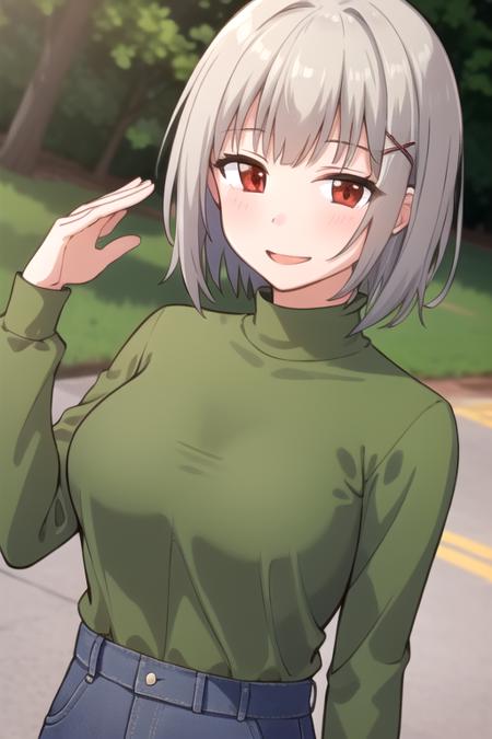 grey hair,medium hair,x hair ornament,hairclip,bangs,red eyes green turtleneck,green shirt,long sleeves,large breasts,underbust,jeans,loafers