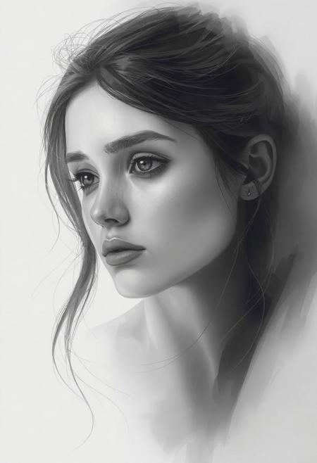 portrait of a young woman using an ethereal approach with extremely subtle tonal variations. The piece should maintain its gradient transition from center to edges, but with a softer, more delicate range of values. Color and tone treatment: Core palette: Work within a nearly monochromatic range of cool greys, avoiding stark blacks Maximum darkness: Use gentle charcoal grey (80% grey) as the darkest tone instead of pure black Turquoise accents: Soften the blue to a pale, crystalline turquoise (reduce saturation by 40%) Fill values: Keep all fills between 10-40% opacity for a gossamer effect Gradient transition specifics: Face area: Use fills no darker than 40% opacity, building depth through layered translucent tones Upper torso: Begin with 30% opacity fills, complemented by fine line work Mid-composition: Reduce to 20% opacity with increasing emphasis on linear elements Edges: Fade to 5-0% opacity using only the most delicate scattered lines Technical approach: Layer multiple transparent fills rather than single opaque ones Use crosshatching with very light line weight (0.1mm) to build subtle shadows