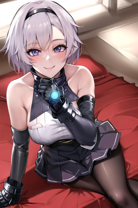 renoazln, (masterpiece:1.3), absurdres, delicate face, 1girl, solo, black high-waist skirt, black pantyhose, (single elbow glove:1.2), seductive smile, sitting on bed, leaning forward, (reaching towards viewer:1.2),  <lora:renoazln_release:0.75>