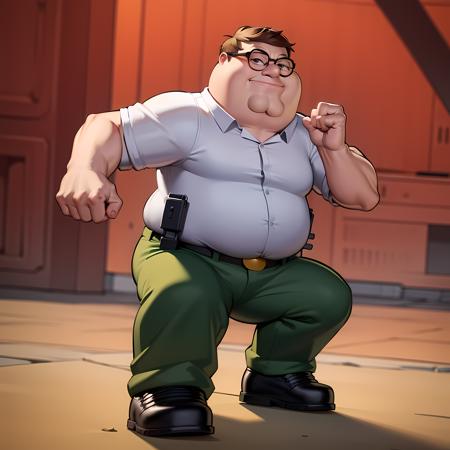 ((masterpiece, best quality)),(complex light), 1boy, solo, full body, peter griffin,  <lora:Peter_Griffin3-10:0.6>, simple background, fat man, green pants, fighting stance,