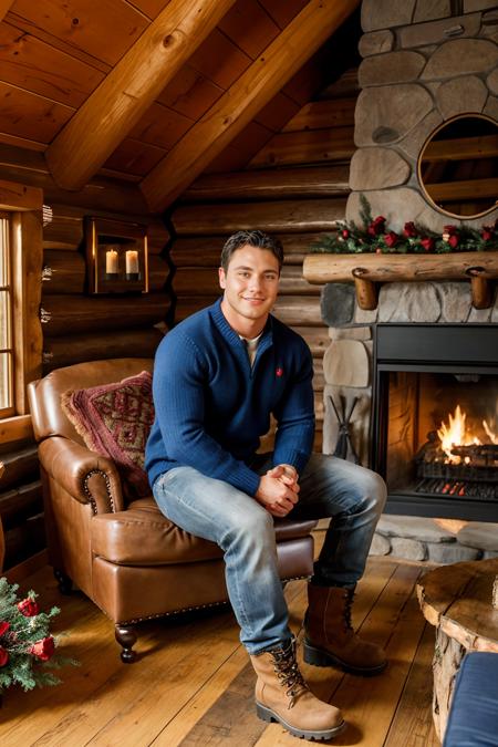 inside cozy log cabin, sitting, fire in the fireplace, romantic lighting, JasonAdonis, bashful romantic smile, wearing a wool sweater, blue jeans and hiking boots, holding bouquet of red roses in his hand, (((full body portrait))), wide angle,  <lora:JasonAdonis:0.8>