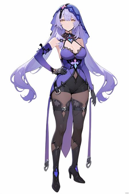 hte,1girl,long hair,boots,purple hair,black gloves,veil,cleavage,pantyhose,large breasts,shorts,yellow eyes,