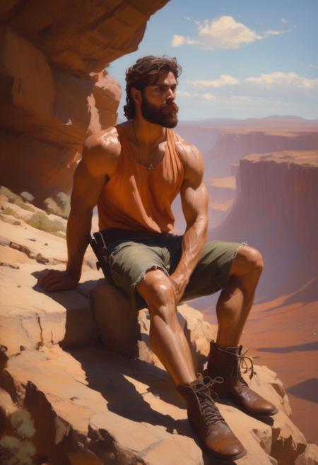extremely detailed masterpiece by (Daniel F Gerhartz|Sam Guay|Guillaume Seignac]. romantic full body portrait.
a 28-year-old Argentine huntsman leans on an enormous boulder in the desert canyon, patiently waiting for his lover.
He wears pants; boots; a citrine-orange ((sleeveless:3) shirt:1.7]; and a plain necklace.
He is masculine, (hypermuscular:2.9], (extremely-hairy:2.2], dashing, rugged, and roguish, with (huge muscles:1.8]; a dark-brown very short undercut; an unshaved, perfect, stylish, short, neatly-trimmed beard; and (dark-mahogany-toned skin:2.8].
He expresses patience, hope, happiness, love, and romance.
