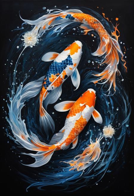 The image features a vibrant koi fish with orange and white scales, set against a black background. The fish's flowing fins and tail are depicted with ethereal, almost flame-like white and blue hues, creating a dynamic, swirling motion. Surrounding the fish are abstract splashes of color and circular light spots, adding a cosmic, dreamy atmosphere to the artwork. The overall style is detailed and artistic, blending realism with fantasy elements.