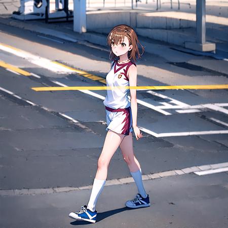 misaka_mikoto_2, misaka mikoto, 1girl, solo, <lora:misaka_mikoto_2.0:1>,  Shorts, white shorts, gym uniform, white socks, sleeveless, blurry,sneakers, masterpiece, best quality, 1girl, solo, full body,