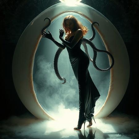 noble norvegian femme fatal lady  standing struggling with  tentacles holding her and pulling her inside  hole in giant transparent slime egg,  wearing evening GLOSSY THIN black slime live tentacles gown, GLOVES  and high heels, , surrounded by  weird fog from the floor, captured in light beam from celling,  alien breeding chamber,  , portholes to outer space,  ultrathin waisT, HORROR,  reminiscent of H.R. Giger, Zdzisław Beksinski, and Ash Thorp's dark, sleek styles, with close-up glamour photography, glossy satin and silver heels glistening, fleshy slime dripping, and dark shadows.