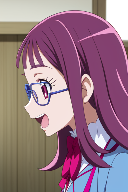 hojosakura, 1girl, solo, glasses, aria gakuen school uniform, open mouth, anime coloring, smile, profile, close-up, eyelashes