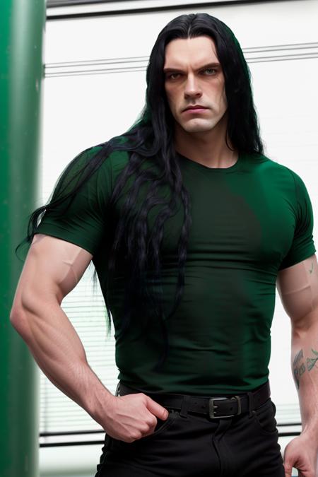 a man long black hair, green shirt, raw, 8k, uhd, upper body, <lora:peterSteele:1>