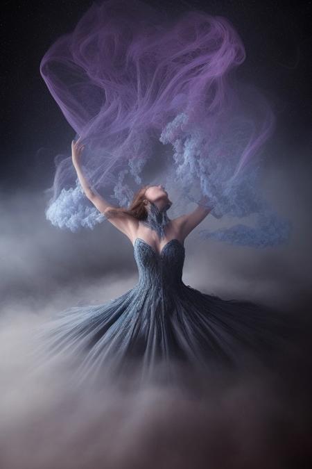 surreal, waltz of fractal smoke over the abyss, fantasy smoke, dresses and stars, dynamics, movement, wind, colorful, intricate details, perspective, hyper-detailed, hyper-realism, professional photoshoot